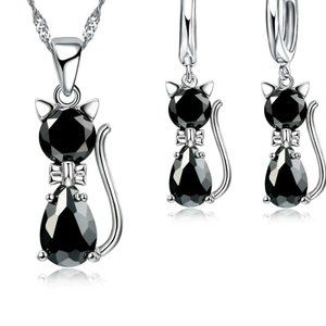 ⭐4pc Bundle Sale⭐ Black Diamond Kitty Pendant, Earrings &18" Chain 925 Silver